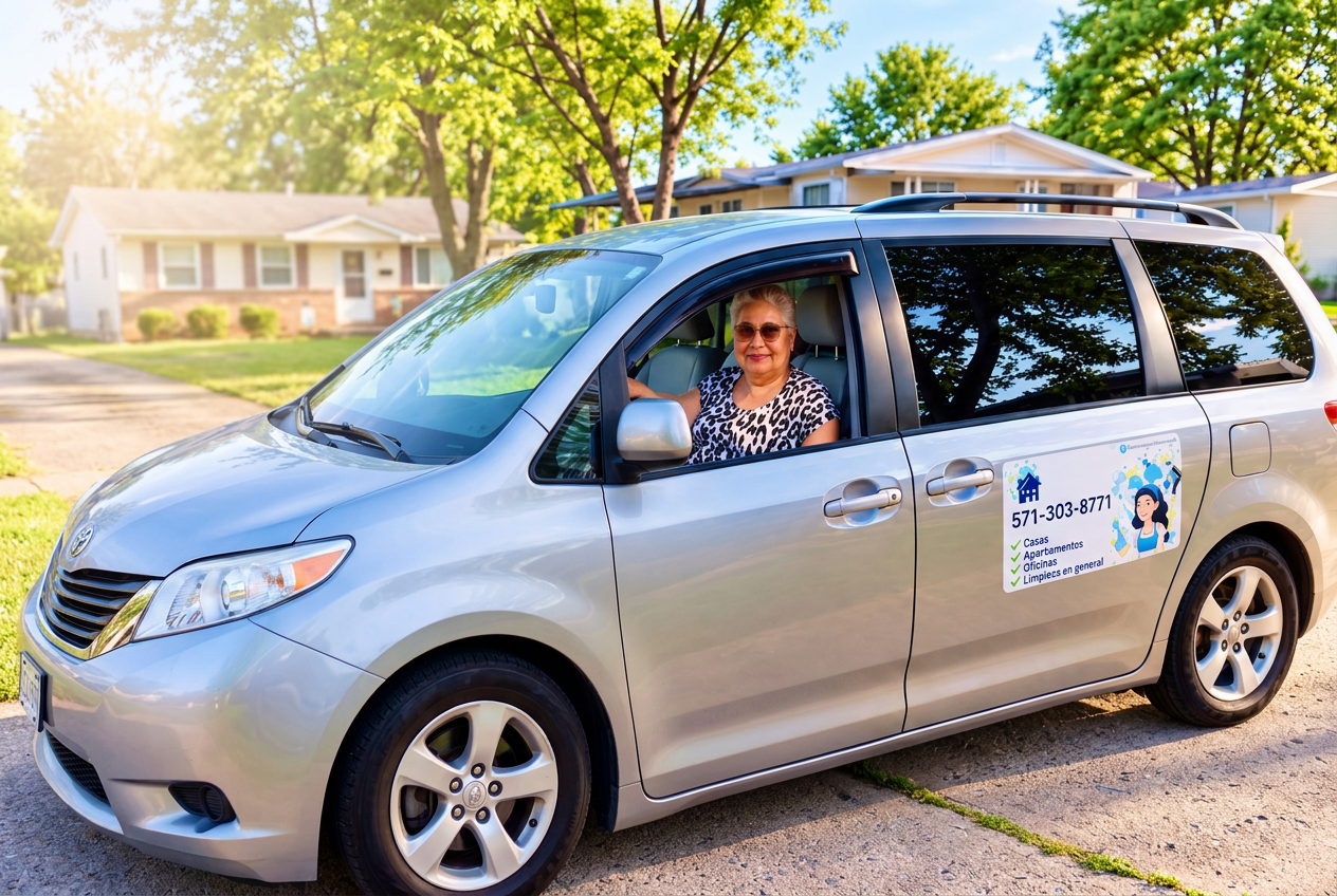 Johanna in the driver's seat of her silver cleaning service van in a local neighborhood